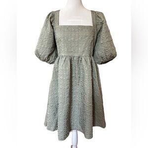 Mittoshop sage large puff sleeve bohemian mini babydoll dress with pockets NWT L